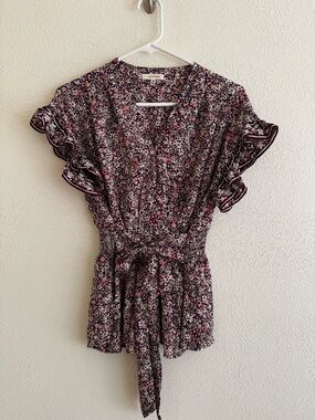 Madewell Pink and Black Floral Ruffle Tie-Waist Blouse